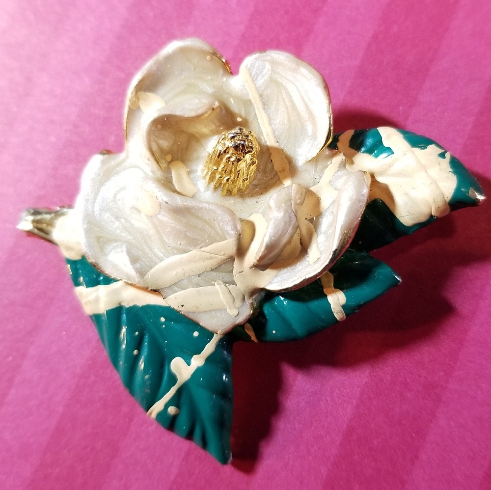 Vintage enamel magnolia flower brooch pin